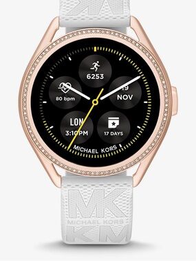Michael Kors Rose Gold Smartwatch with White Strap and Crystal Bezel